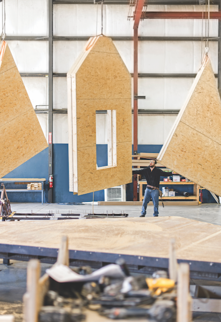 Gable walls on a hoist, Champion Homes factory